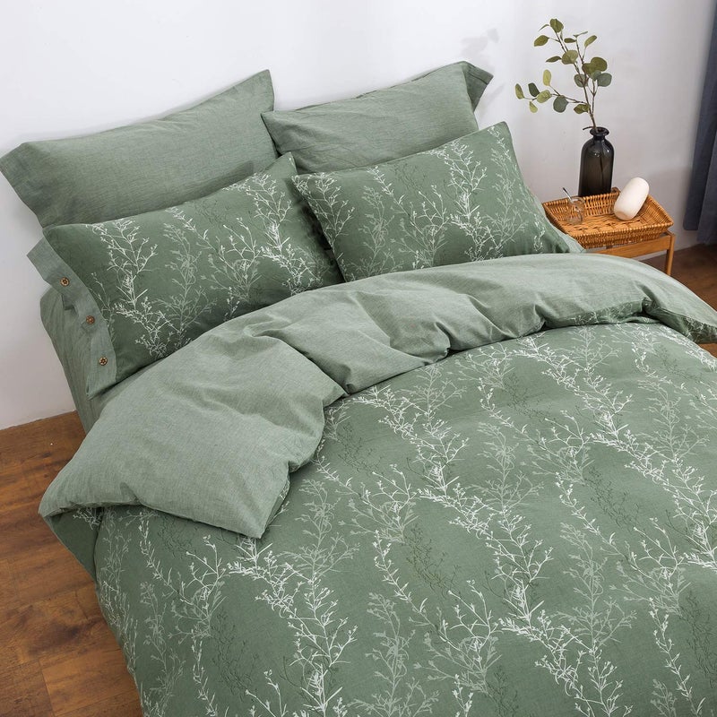 OREISE Duvet Cover Set King Size Washed Cotton Yarn, Jacquard Green and White Thin Branch Pattern Floral Style 3Piece Bedding Set - Image 4